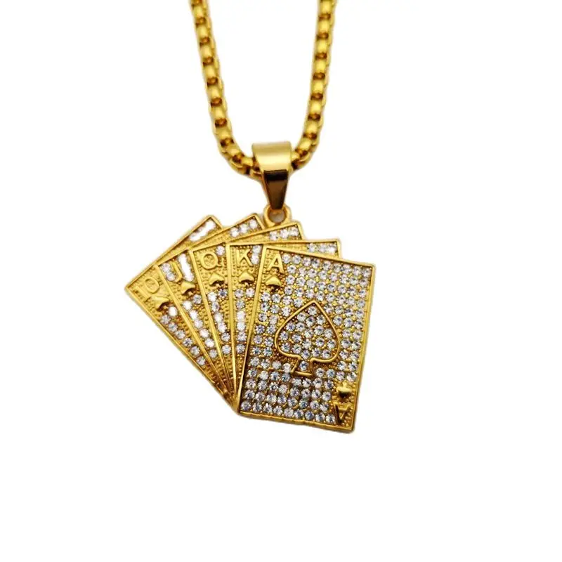 Full White rhinestones Poker Royal Flush pendant necklace Gold color stainless steel straight flush Gambling necklace BLKN0801