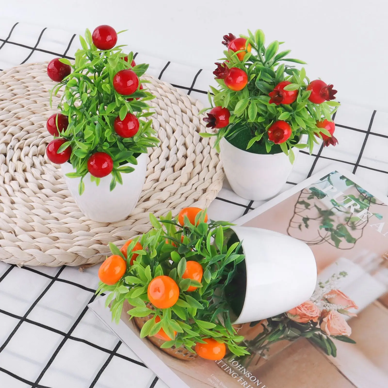 Artificial Plants Bonsai Orange Pomegranate Fruit Tree Windowsill Decor Plastic Courtyard Fake Plants Pot For Home Decoration