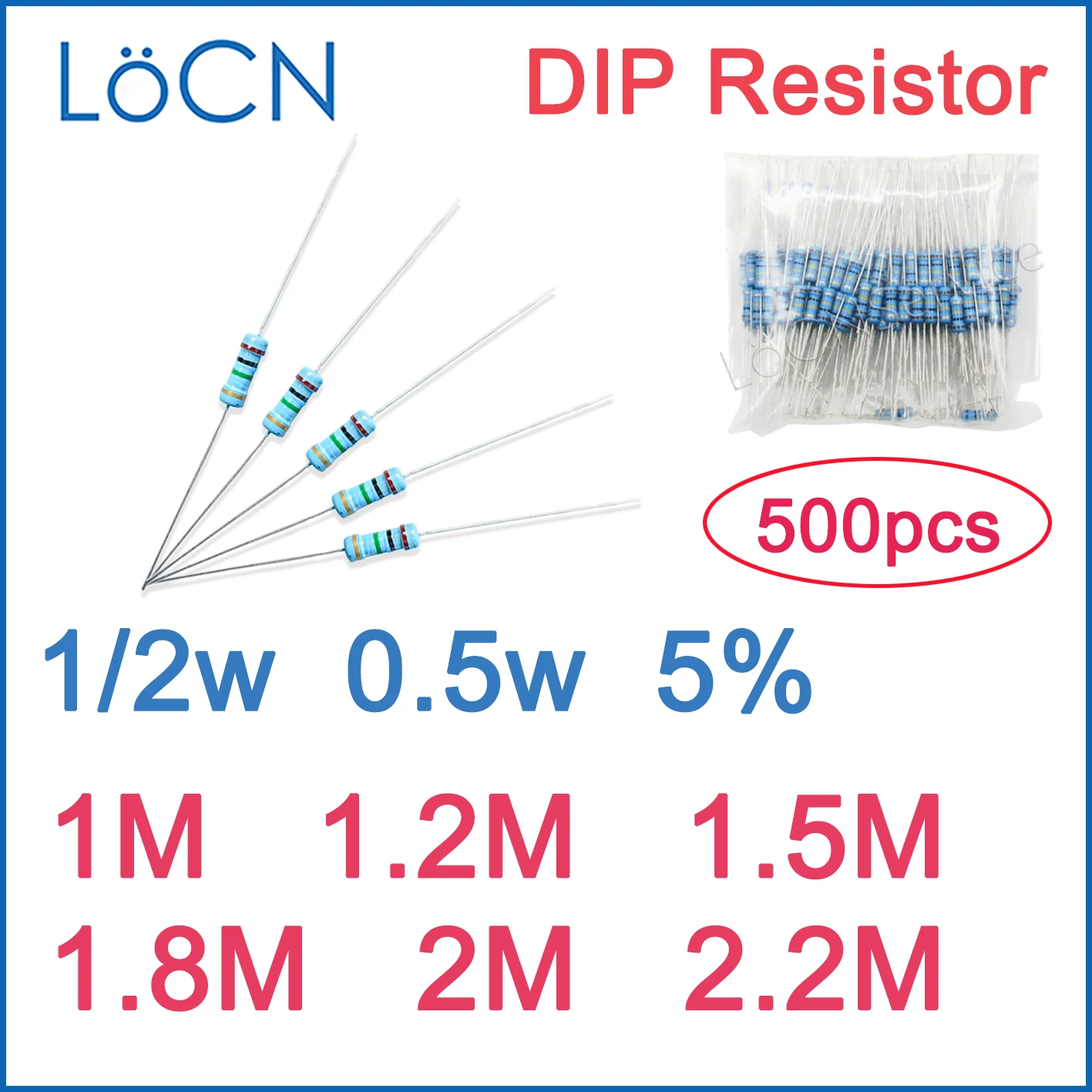 

500 шт. 5% 1/2 вт карбоновый пленочный резистор DIP 1 м 1,2 м 1,5 м 1,8 м 2 м 2,2 м ом цветное кольцо 0,5 вт
