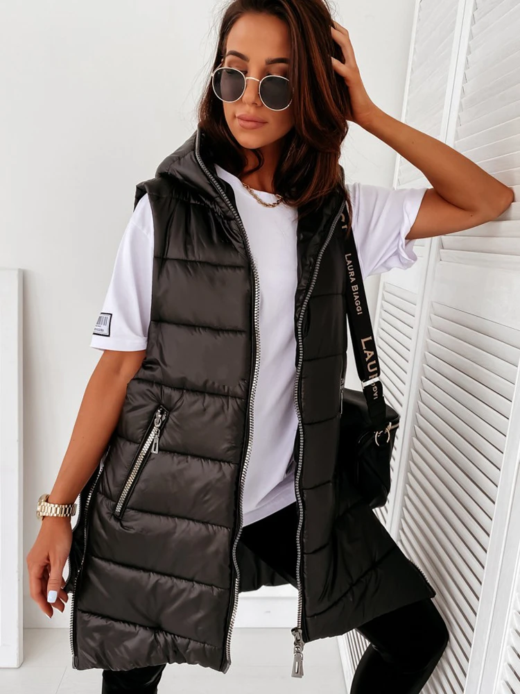 Sleeveless Vest Hooded Jacket Women Quilted Puffer Coat Cotton Padded Waistcoat Casual Streetwear Fashion Zipper Pocket Jacket