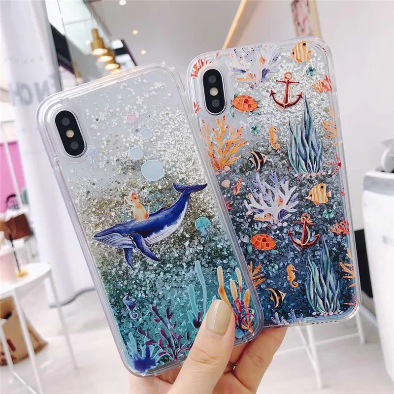 for iPhone 11 Pro Max 11Pro XS Max XR X 7 8 Plus 6 6s + Case Quicksand Glitter Coral Ocean Shockproof Transparent Cover Funda