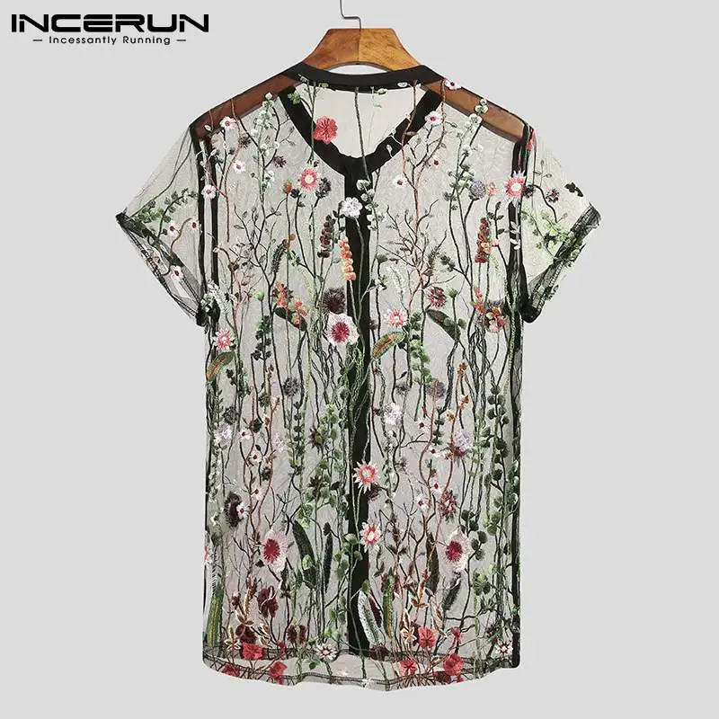 INCERUN-Camisa de malha bordada masculina, manga curta, ver através de tops, botão, respirável, festa, boate, moda, 5XL, 2023