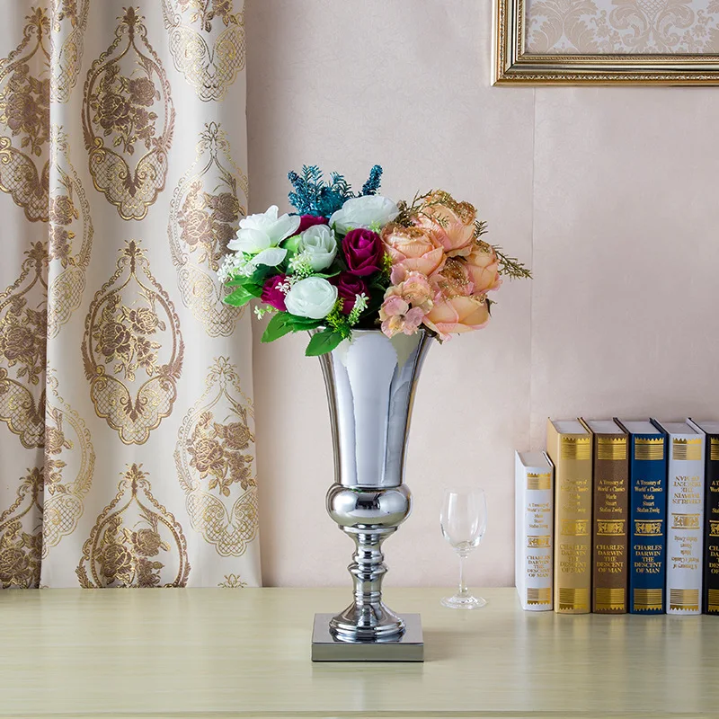 PEANDIM Shiny Silver Metal Candle Holder Celebration Party Decoration Wedding Flower Vase Strands Road Lead 40cm & 43cm
