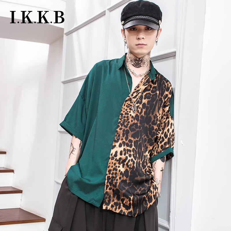 

Leopard print shirt male short-sleeved loose personality Patchwork five-sleeve shirt tide bat shirt summer trend in the sleeve s