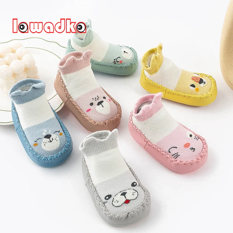 Lawadka Newborn Baby Socks With Rubber Soles Cotton Cartoon Infant Girls Boys Shoes Four Seasons Toddler Anti Slip Sole Sock