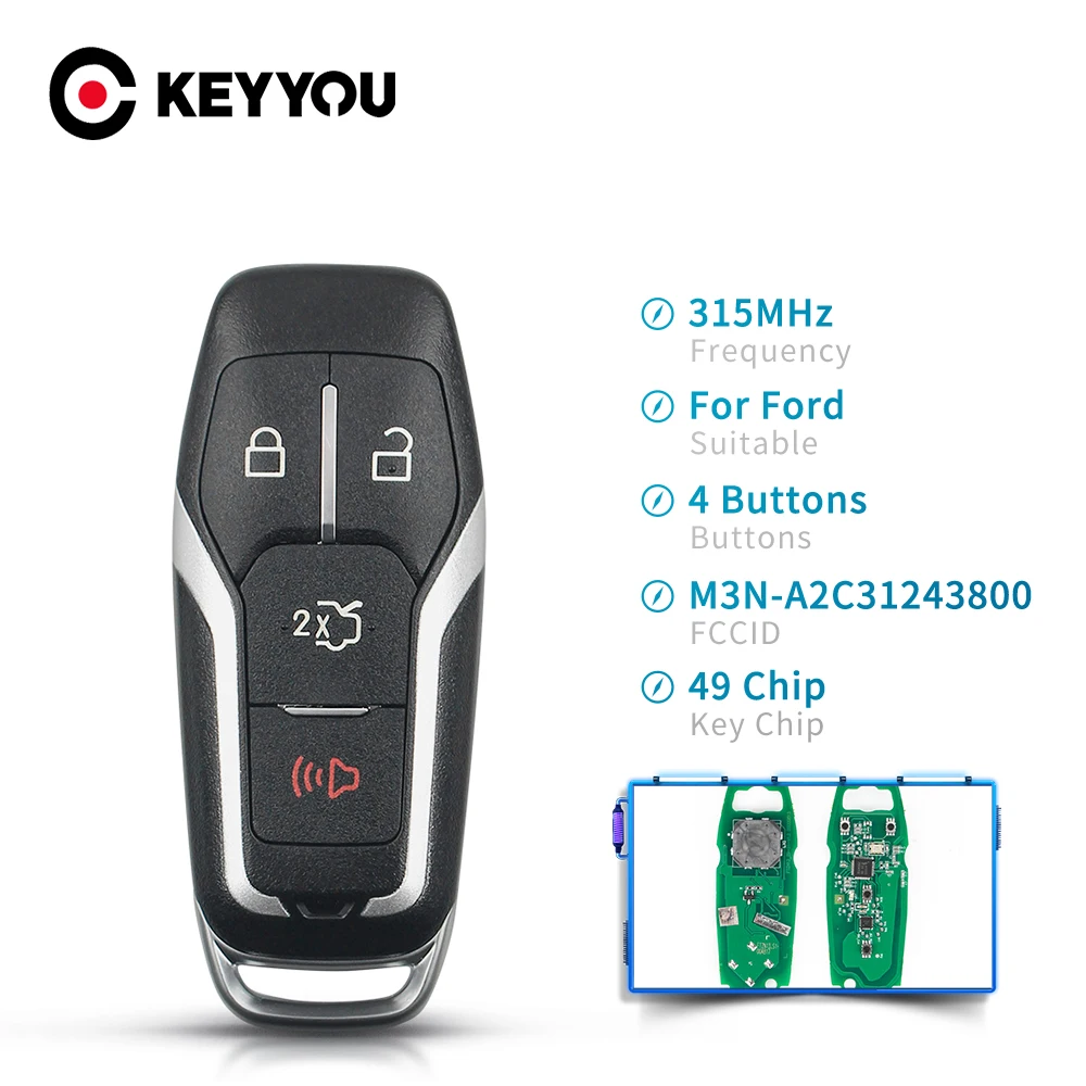 

KEYYOU 315MHz ID49 Chip Smart Key Car Remote Key 4 Buttons For Ford Edge Explorer Fusion Mustang 2013 2014 2015 M3N-A2C3124380