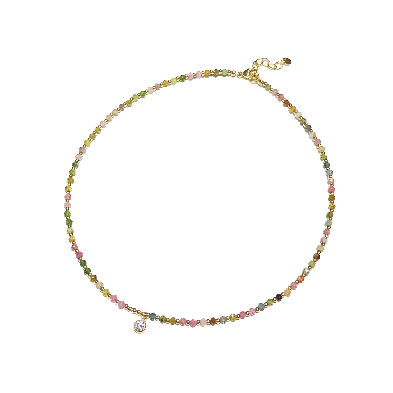 

Lii Ji Natural Rainbow Tourmaline 2mm Choker Zircon Charm 14K Gold Filled Handmade Adjustable Necklace 34+3cm