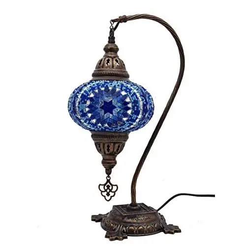 LaModaHome Turkish Lamp Mosaic Moroccan Lamp - Swan Neck Handmade Desk Bedside Table Night Lamp, decorative Blue Table Lamp