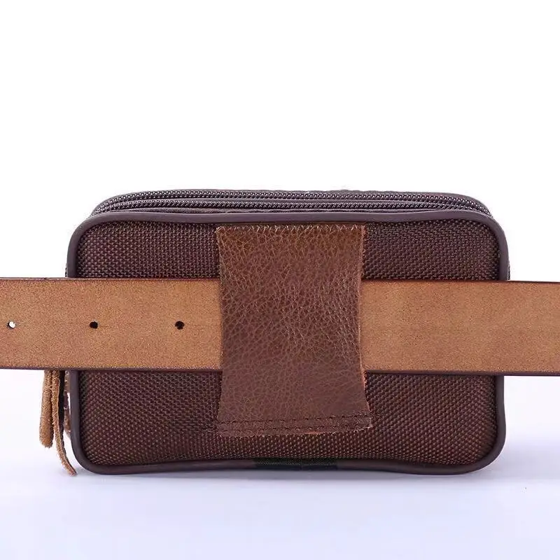 Men Leather Belt Mobile Phone Waist Bag Cross Section Oxford Cloth Multi-Function Change Key Case Casual Wear-Resistant