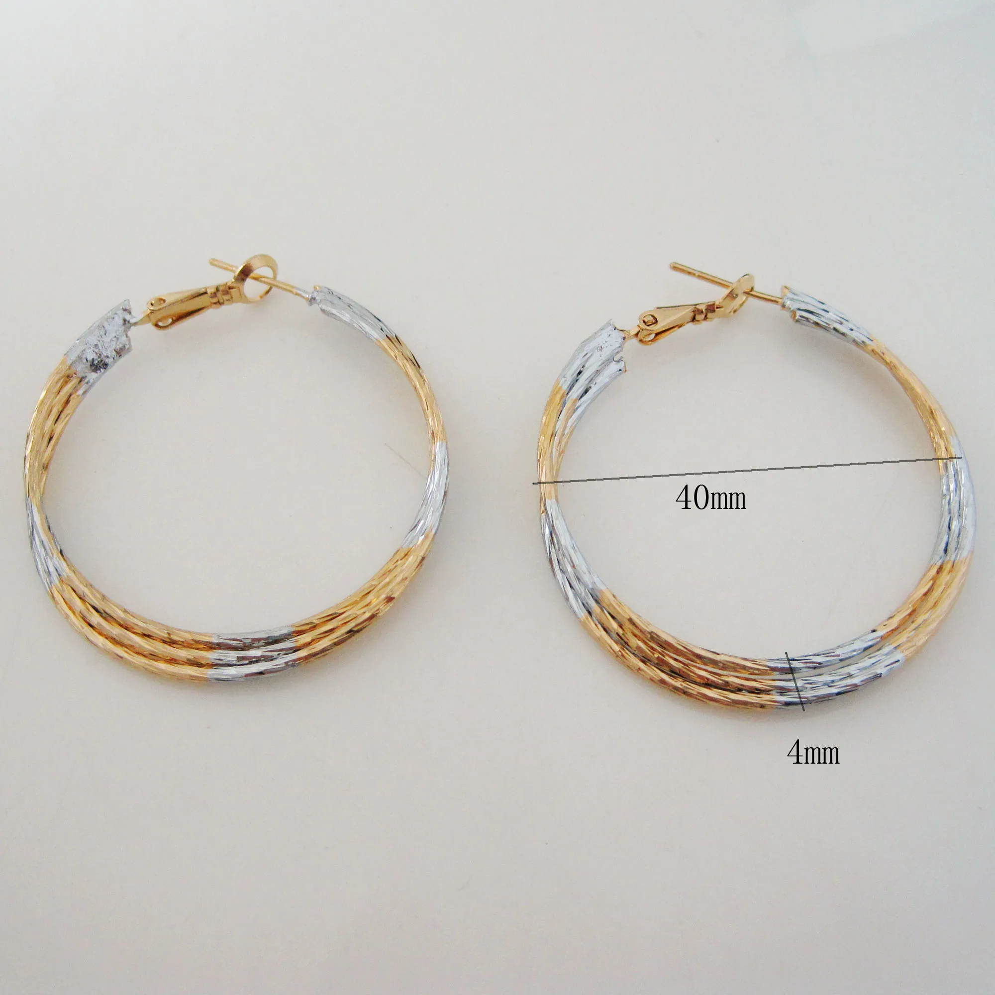 CARVED LINES TWISTED YELLOW AND WHITE GOLD COLOR ROUND HOOP EARRING 40MM GREAT GIFT