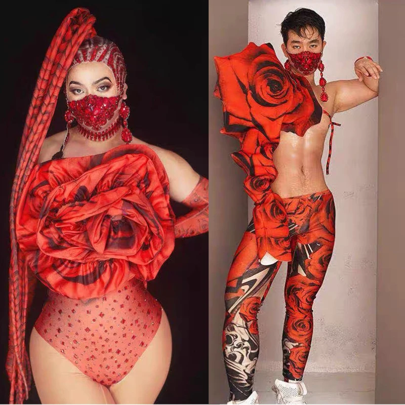 

Red Rose Bodysuit Pants Women Men Gogo Dancer Costume Nightclub Dj Ds Party Pole Dance Clothing Stage Show Rave Outfits XS1619