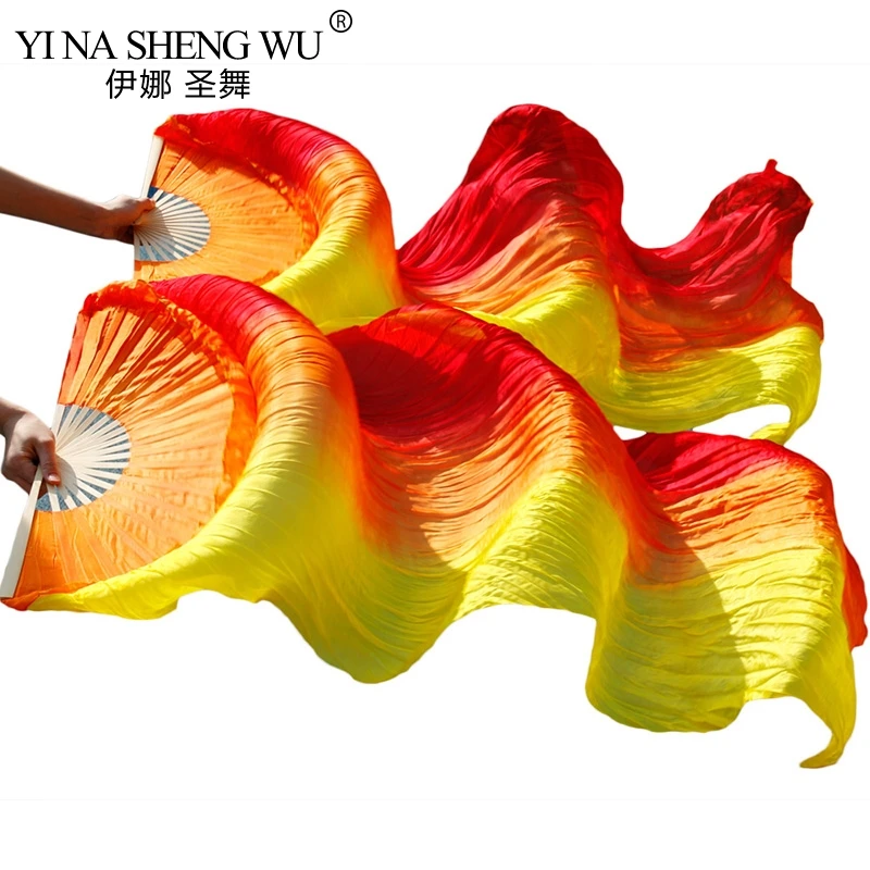 High Quality Real Silk/Imitation Silkl Fabric Dance Fans 1 Pair Left+Right hand Handmade Dyed Silk Belly Dance Fan 120/150/180cm