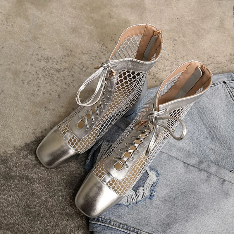 Silver Chunky Heel Hollow Ankle Bootie Lace Up New Arrivals Breathable  Woman Short Boots  Summer Spring Fall Dress Bootie