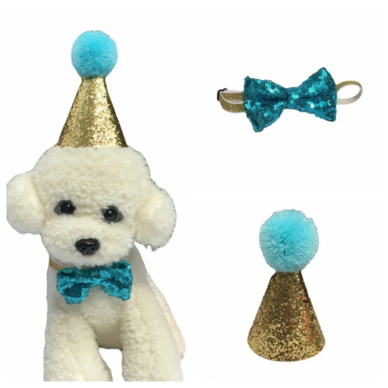 Dog Birthday Party Pets Accessories Hat Decorative Shiny Dog Hat /Collar /Bowknot Pet Headband Pet Headwear for Dogs Cats