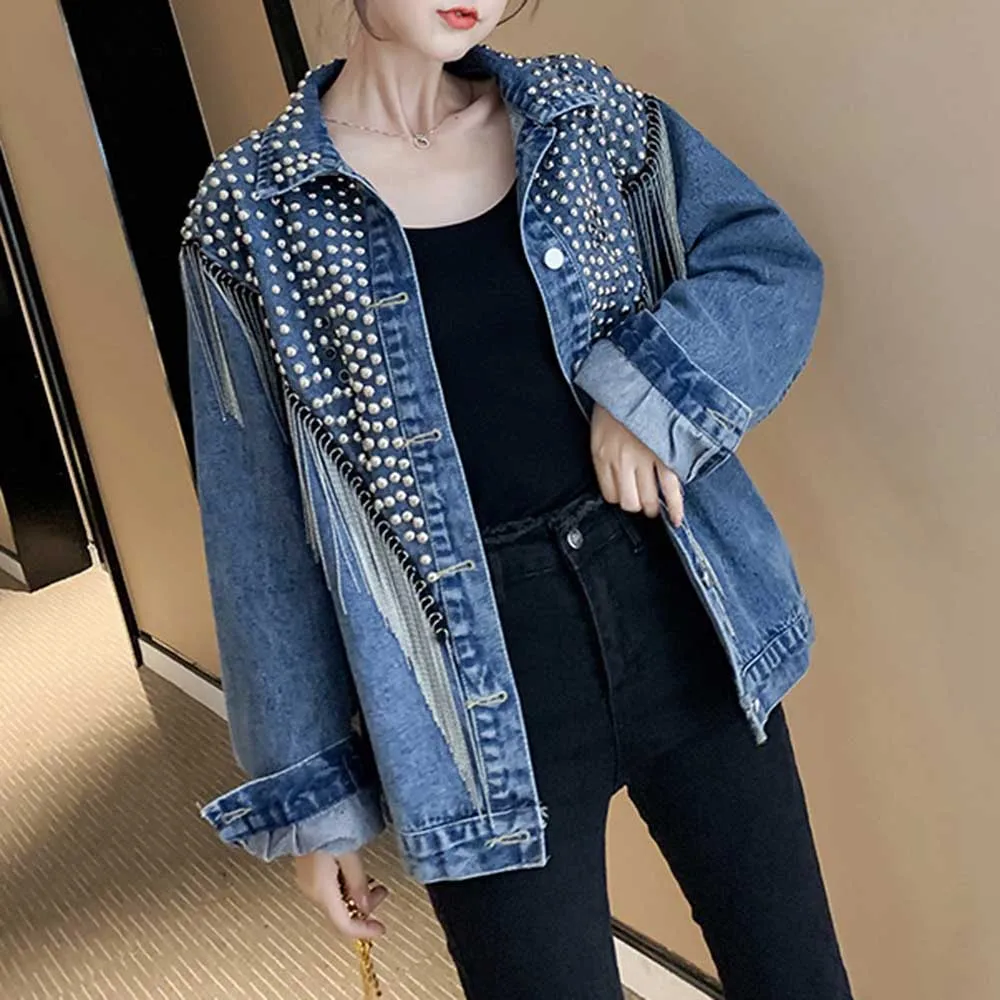 Tassel Rivet Denim Jacket Women Tops Autumn Spring Black Cool Outwear Jackets Streetwear Punk 2022 Fashion Long Sleeve Loose XL