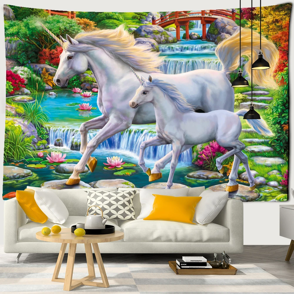 

Colorful Unicorn Castle Tapestry Wall Hanging Bohemian Style Oil Painting Psychedelic Witchcraft Cute Home Decor