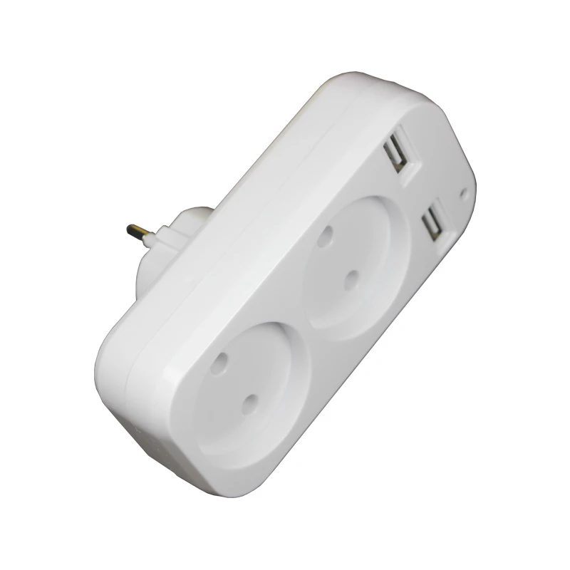 Usb plug adapter 2 socket with double usb port  new design  European 5V 2A USB extension socket Z5-01 White color