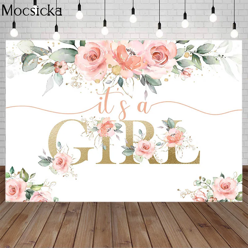 It's A Girl Baby Shower Party Backdrop Flower Floral CakeTable Decoration Banner Child Birthday Portrait Background Photo Studio