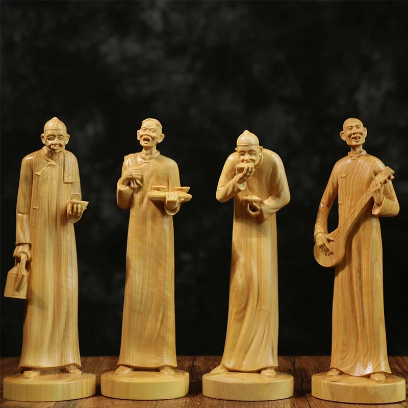 Boxwood 15cm 20cm Traditional Beijing Elder Sculpture Wood Carving Chinese Cultural Statue Traditional Beijing Figure Home Decor