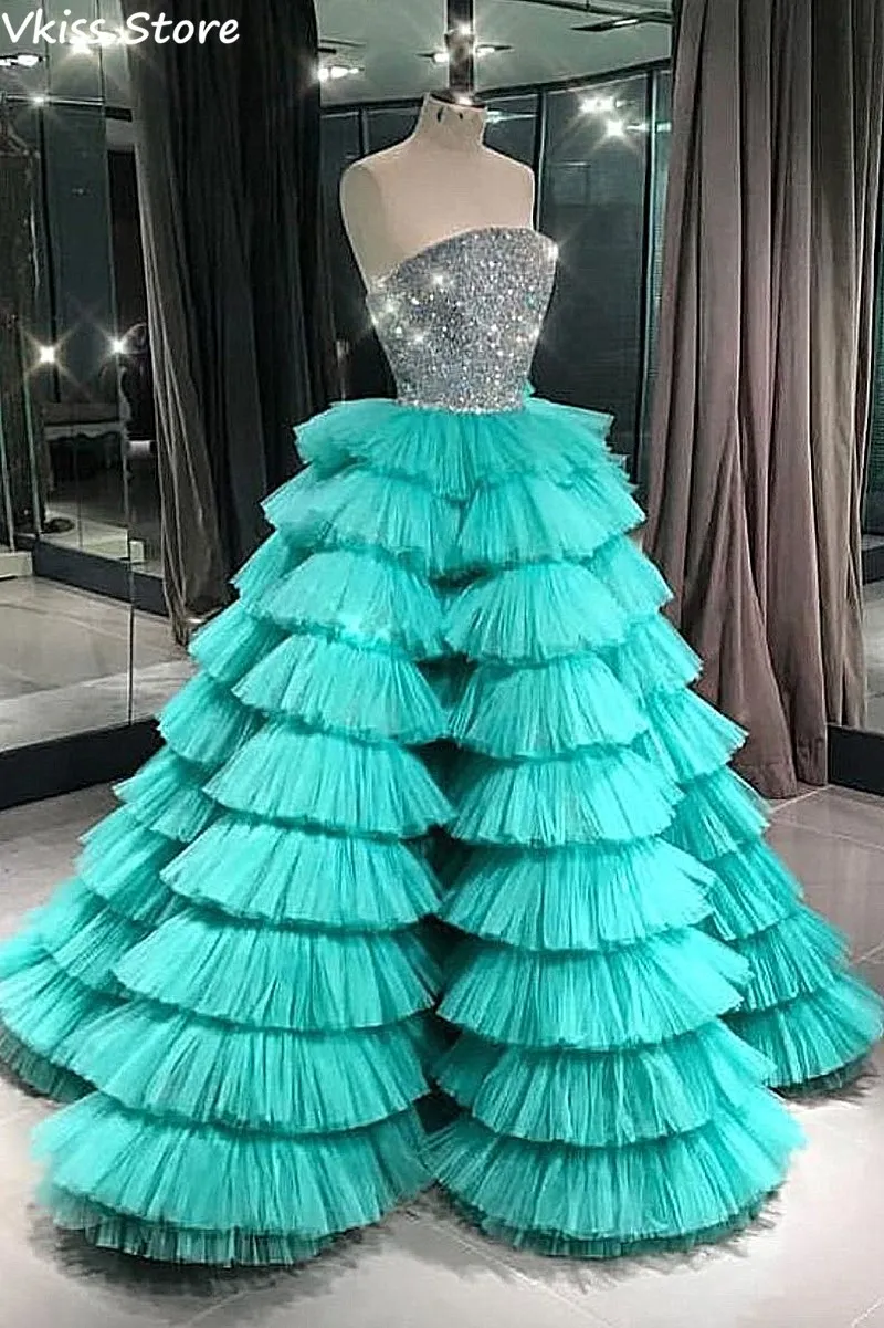 Tiered Evening Dress Green A-line Luxury Sequin Top Strapless Layer For Girl Party 2020 New Prom Dresses платья знаменитостей