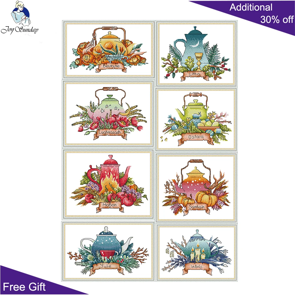 Joy Sunday Flowers Embroidery Cross Stitch Kits, Teapot Series, J530, J531, J532, J533, J534, J535, J536, J537, Home Decor