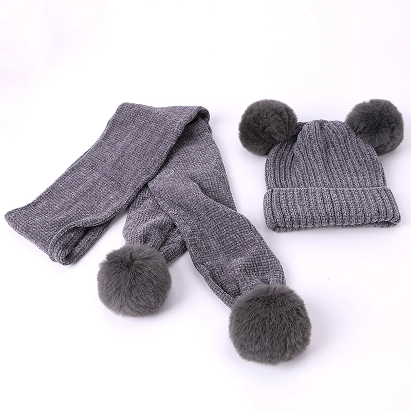 Cute Baby Pompon Hat Scarf Set Thicken Warmer Children Hat Scarf For Girls And Boys Knitted Kids Caps With Lining Two Piece Sets