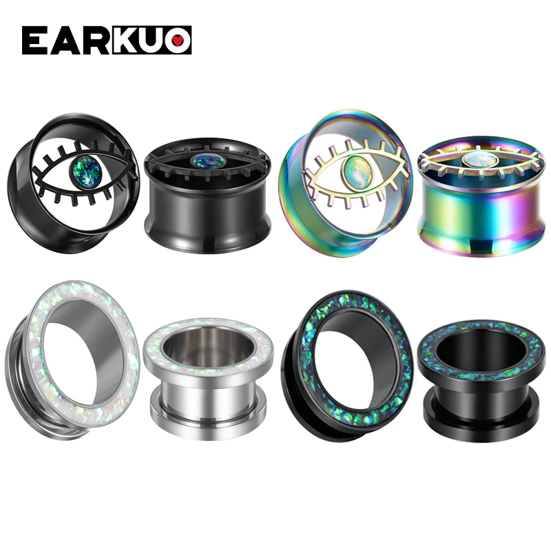 EARKUO Unique Stainless Steel Eye Opal Roman Numeral Heart Ear Tunnels Gauges Body Piercing Jewelry Earring Plugs Expanders 2PCS