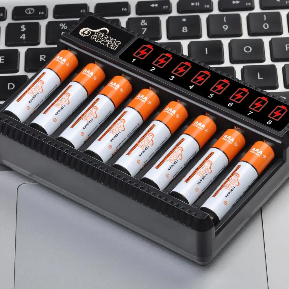Batteria ricaricabile Pickle Power 1100 mAh AAA ni-mh + caricabatterie a 8 slot per torcia AAA, giocattolo, orologio, lettore MP3