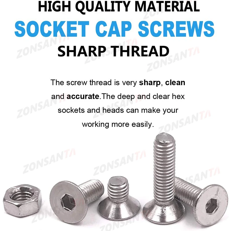 ZONSANTA 440pcs Hex Socket Flat Head Screws Bolts and Nuts Set M3 M4 M5 304 Stainless Steel Mechanical Bolt Furniture Screws