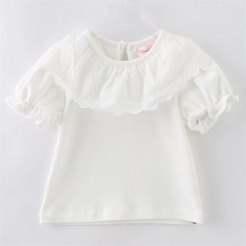 Kids White Shirts For Baby Girl Short Sleeve Ruffle Doll Collar Girls Blouses Summer Children School Clothes Toddler Lace Shirt