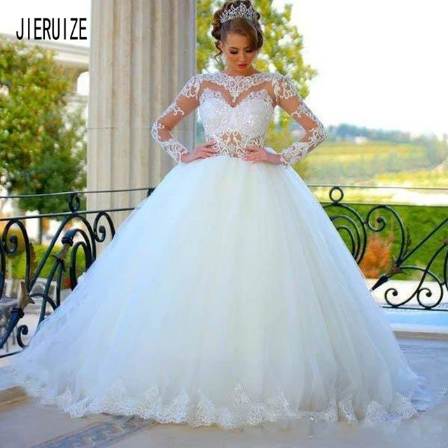 Sheer lace long sleeve wedding dress hot sale