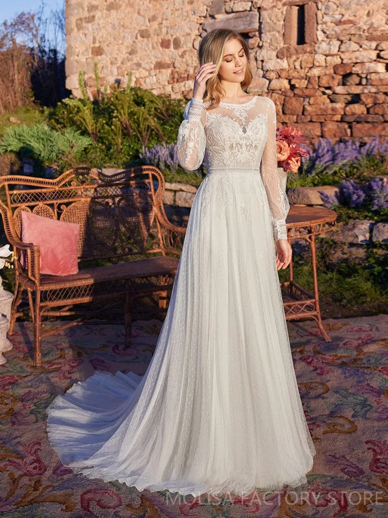 Vintage Vestidos De Novia koronkowe suknie ślubne 2021-line z długim rękawem tiul Appliqued tanie Backless suknia ślubna Robe De Mariée