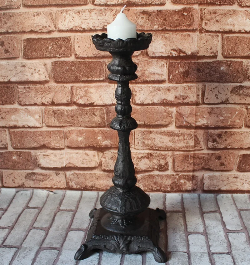 

Antique Black Large Cast Iron Candle Holder With Square Standing Base European Country Accents Handmade Home Table Decor Piece