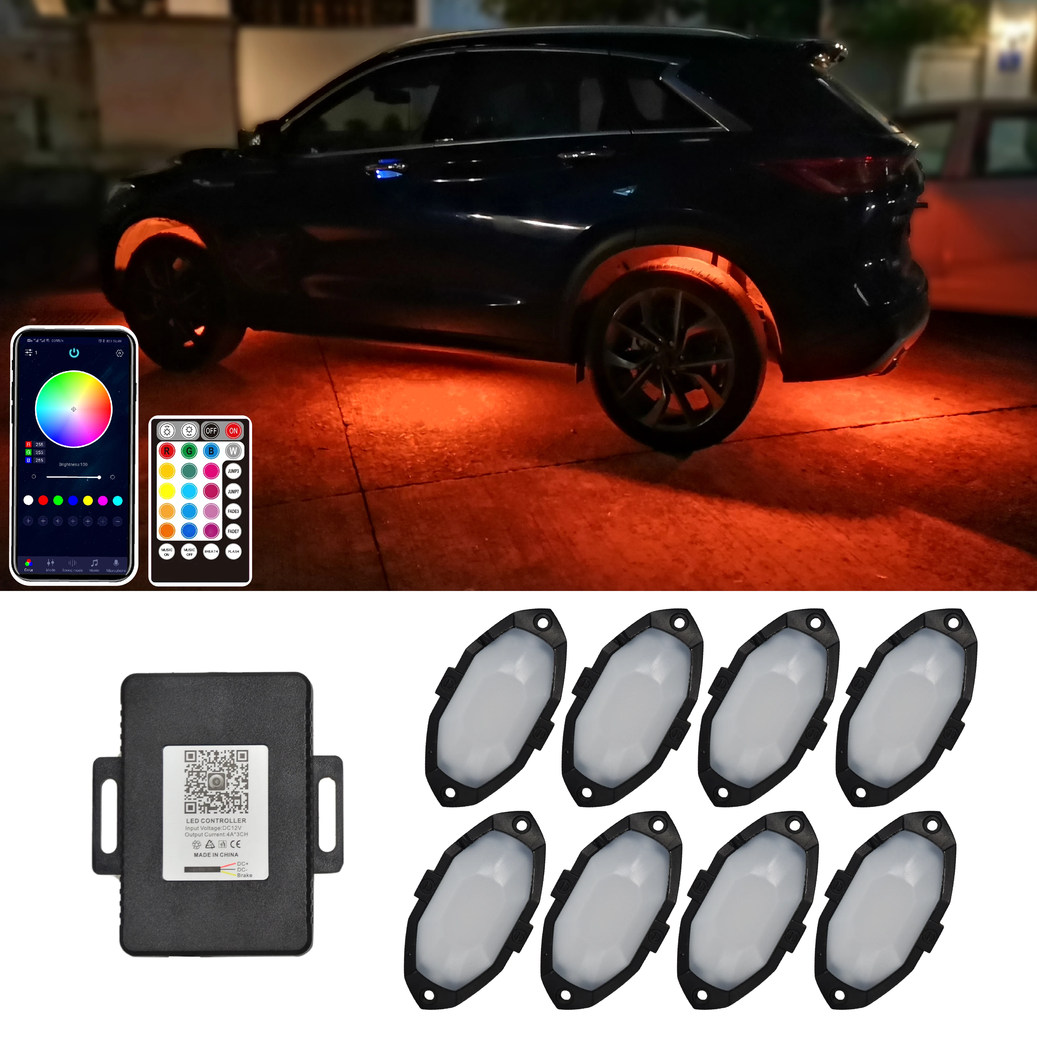 

8 шт. светодиодная алюминиевая лампа Rock Lights RGB разноцветное приложение Bluetooth-совместимое управление музыкой автомобиль внедорожник вездеход неоновые подсветки
