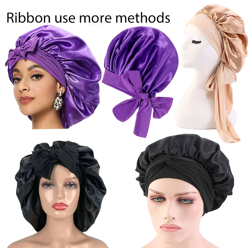 Plussign New Women Satin Bonnet With Tie Line Black Pink Night Sleep Cap Hair Care Bonnet Shower Turban Unisex Cap Bonnets