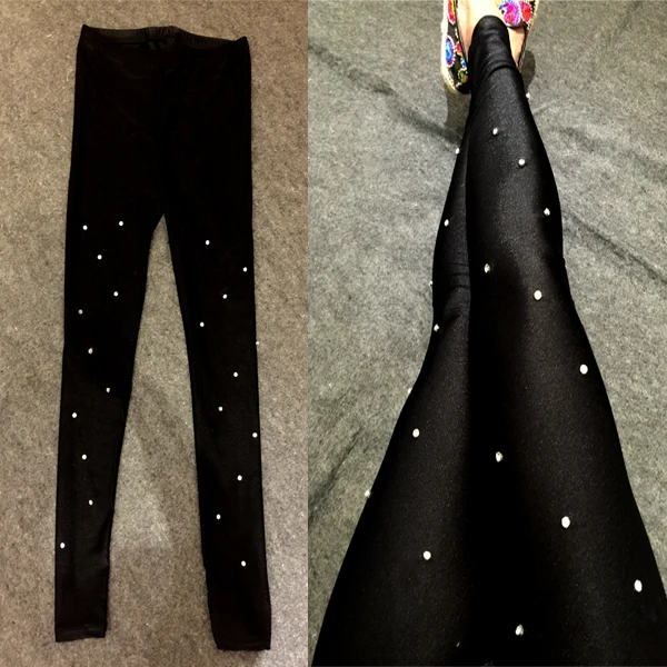 Veludo strass perolização leggings, calças stretch, rebite calças das mulheres