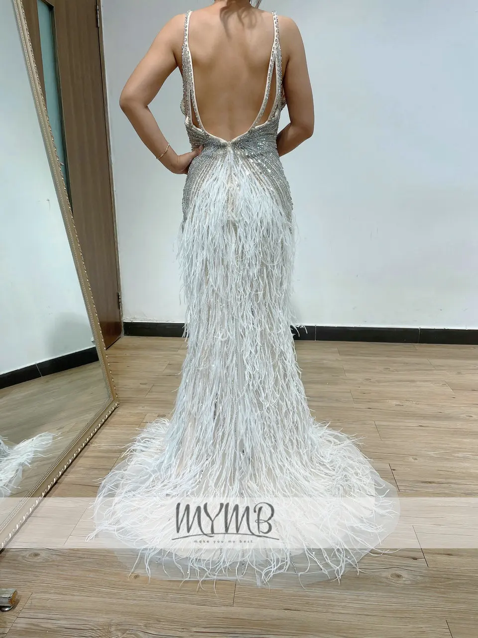 Hoge Kwaliteit Spaghetti Strap Wedding Party Jurk 2022 Avond Formele Slijtage Mymb Merk Kralen Couture Feather Jurk