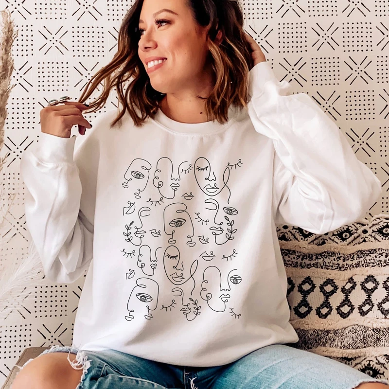 Abstract Face Single Line Drawing Sweatshirt Women Long Sleeve Jumper Minimalist Art Pullover Streetwear