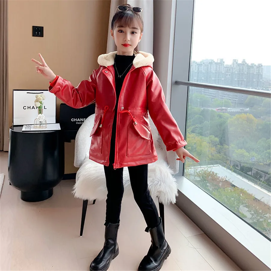 Winter Girls Leather Windbreaker Fleece Thicken Mid-length Children\'s Outerwear Fashion Warm New Year PU Trench Coat for Kids