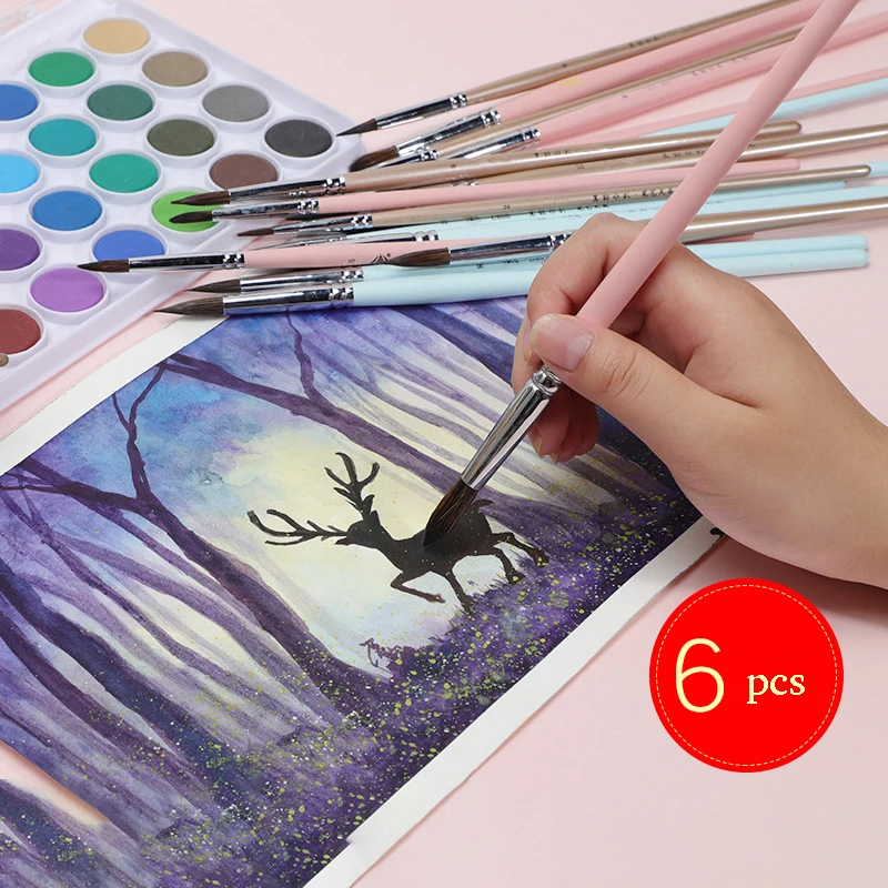 Watercolor brush black marten animal hair 6 pcs round pointed watercolor painting brush set adult beginner student hand-painted