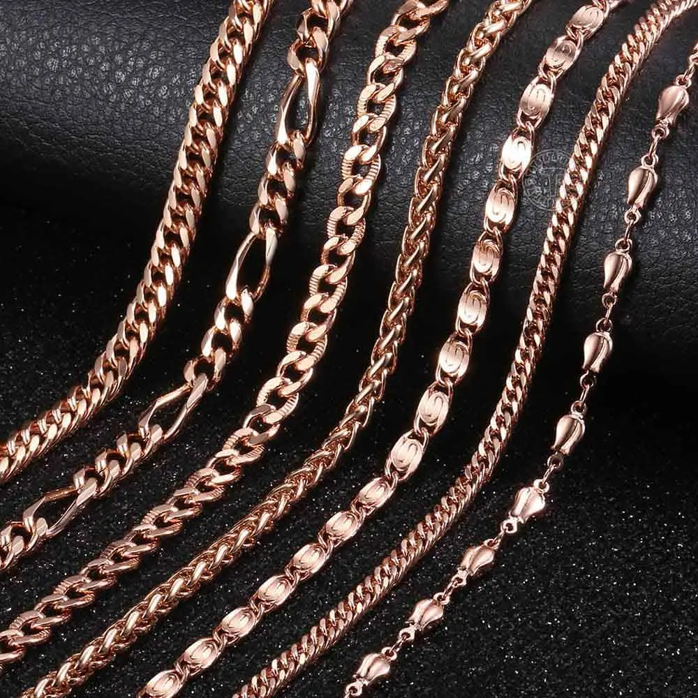 Davieslee Womens Necklace 585 Rose Gold Color Chains Cut Rolo Snail Wheat Link Wholesale Necklace Jewelry 45-55cm LGNN1