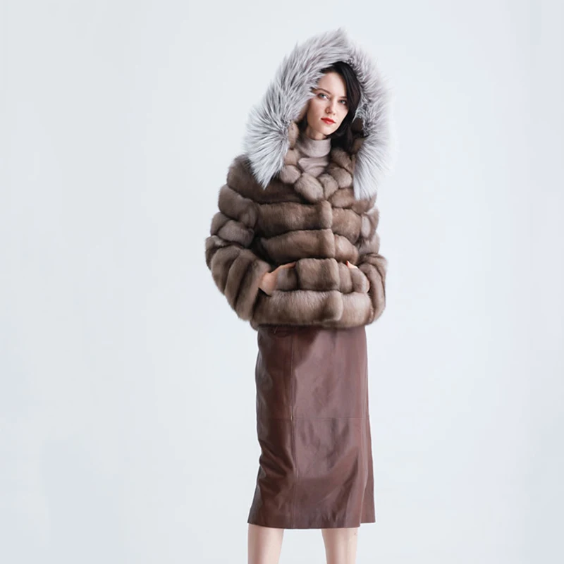 Ftangaiur New Winter Women Russian Sable Gypsophila Mink Coat With Hood Custom-Made Women luxury Short Real Mink Fur Coats