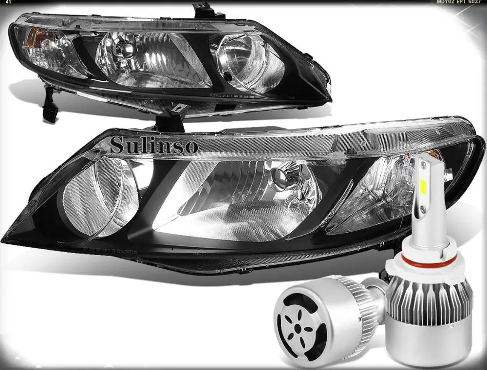 Sulinso Fit For Honda Civic 8th Gen 4DR Sedan Pair of Black Clear Corner Headlight + 9006 LED Conversion Kit