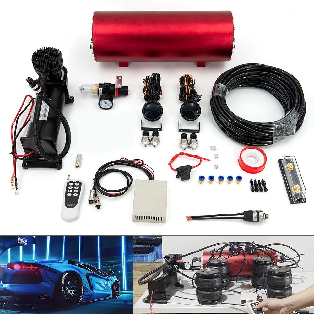 

Integrated Air Suspension Kit with 1.6 Gallon Air Tank ,200 PSI Air Compressor ,2 Pcs Dual Air Pressure Gauge ,Remote Controller