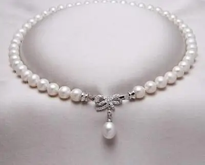 

9-10mm south sea natural white pearl necklace 18" silver clasp 10*12mm pendant @