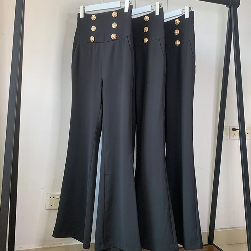 European Fashion Tide Breasted High Waist Wide-Legged Trousers Personality Summer For Female High Street Floor-Length Trousers