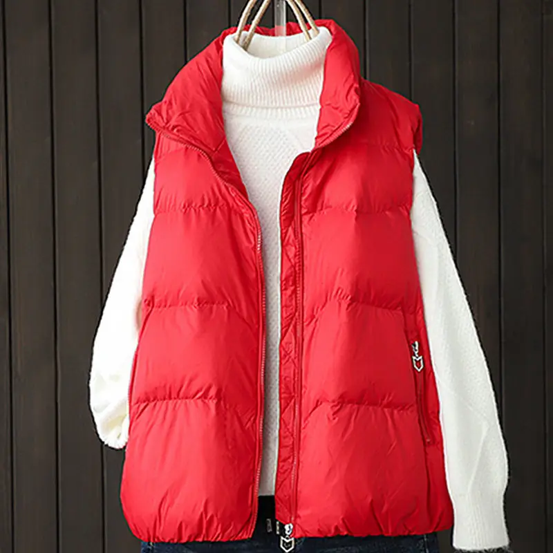 2021 الخريف الشتاء سترة المرأة الأبيض بطة أسفل WarmWoman صدرية عادية الوقوف طوق جاكيت بلا إكمام سترة