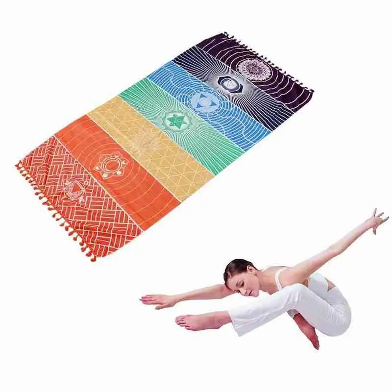 Hot 1Pcs Tassels Single Rainbow Chakra Tapestry Towel Mandala Stripes Polyester Mat Tapestry Beach Travel Mat Yoga Boho J6R0