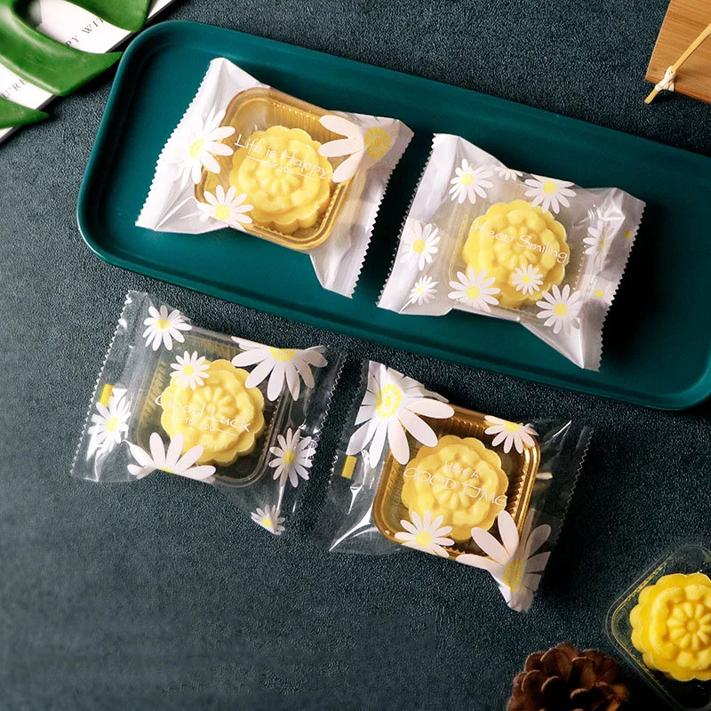 AQ 100pcs/lot White Frosted Transparent Falling Chrysanthemum Mooncake Decoration Packaging Bag Blooming Flower DIY Cookies Bags