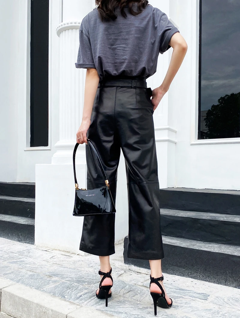 Women Genuine Leather Cropped Trousers Mujer Sheepskin Wide Leg Straight Pants Black High Waist Pantalon Pour Femme Belt Pockets